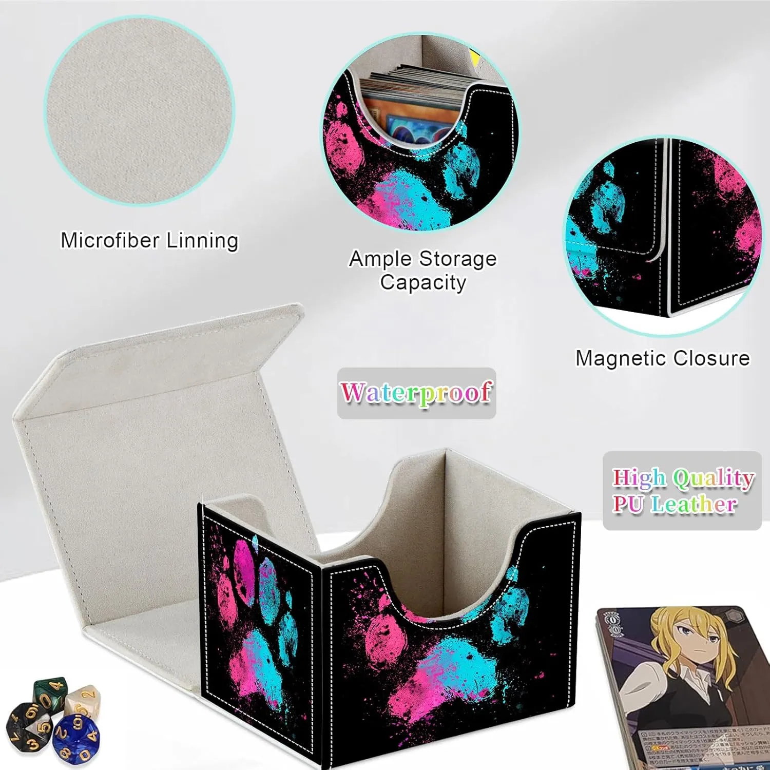 Card Deck Box for MTG, Fits 100  Single Sleeved Cards, PU Leather Trading Card Storage Box for TCG, CCG, MTG Cards, Strong Magnet Magic Gathering Deck Box, Colorful Dog'S Paw
