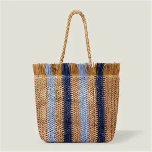Casual Tassel Striped Large Capacity Straw Bag Paper Shoulder Bags Rattan Handbags Summer Beach Big Tote Purses (Color : A)