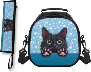 Cat Print Insulated Lunch Bag for Girls with Utensils Set Preppy Lunch Bag Leak-Proof CompartmentsThick Material Pack Crossbody Keep Food Fresh Strap Detacahle