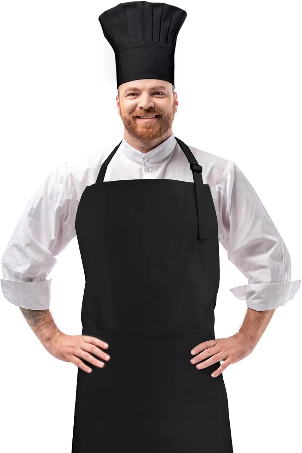 Chef Apron and Hat set, 2 Pockets Adjustable Cotton Kitchen Cooking Bib Apron, Baker Costume for Men Women
