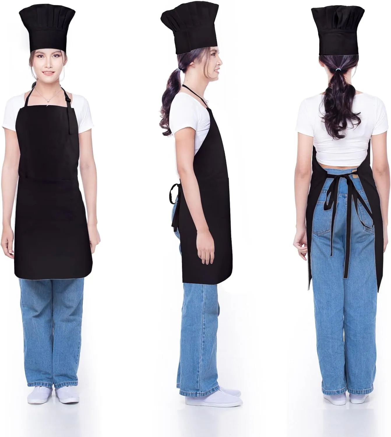 Chef Apron and Hat set, 2 Pockets Adjustable Cotton Kitchen Cooking Bib Apron, Baker Costume for Men Women