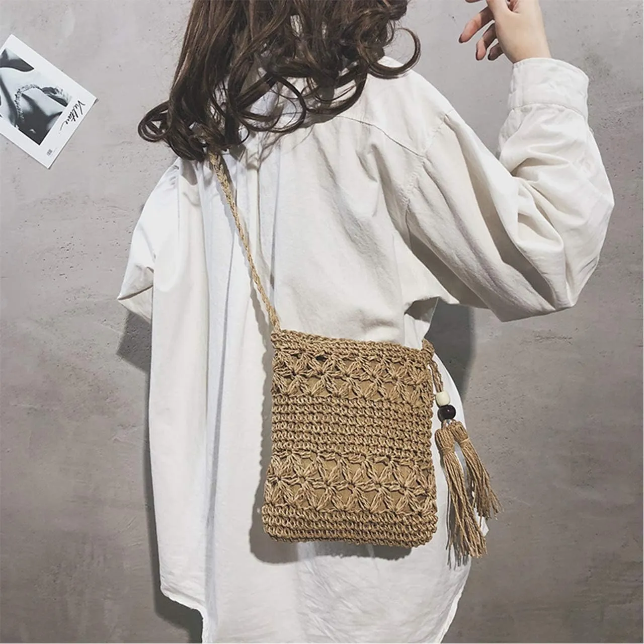 CHIC DIARY Small Straw Crossbody Bag Women Weave Rattan Shoulder Bag Beach Shoulder Purse with Tassel