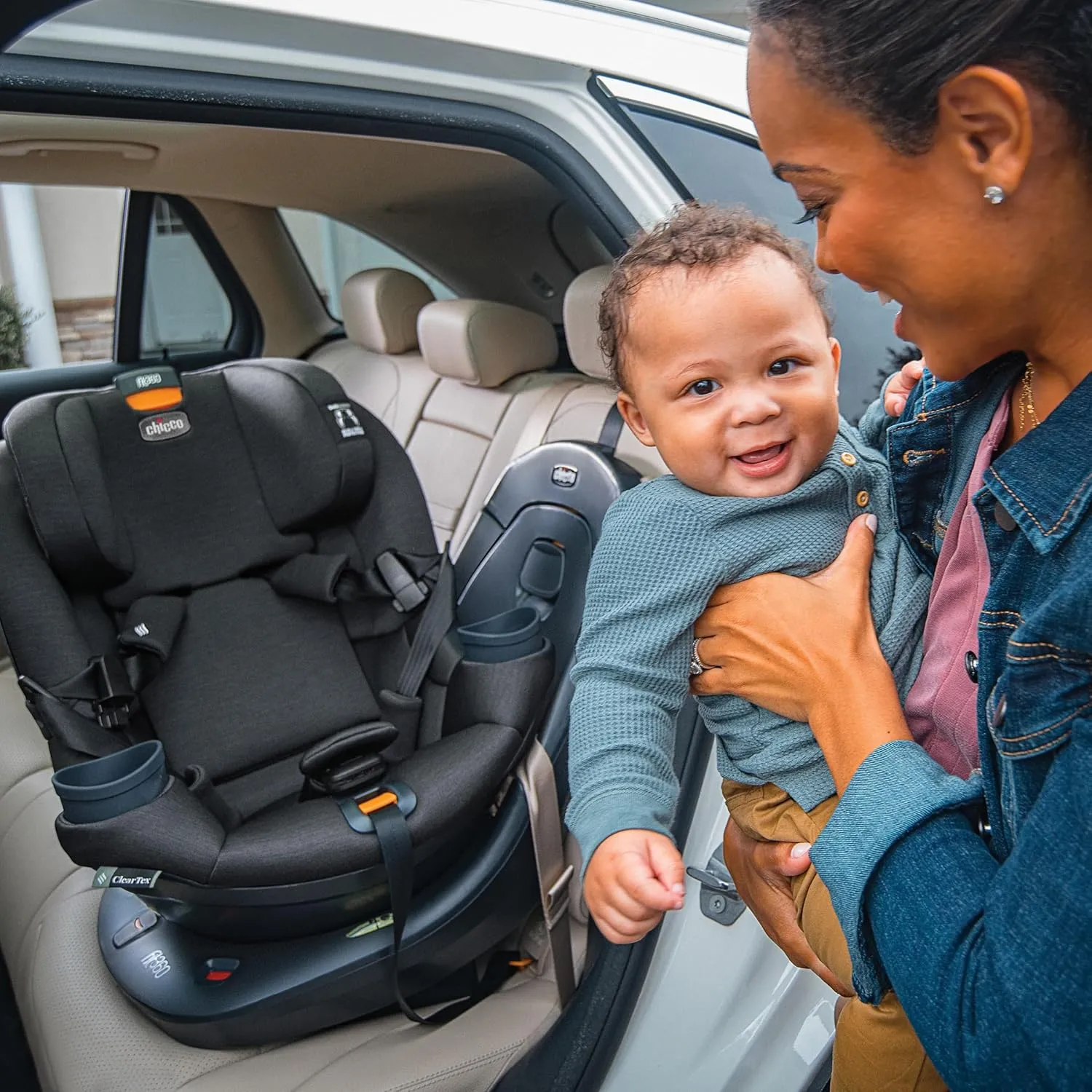 Chicco Fit360 ClearTex Rotating Convertible Car Seat with 360 Degree Rotation for Rear-Facing and Forward-Facing Usage, LeverLock Self-Tensioning Lock System | Slate/Grey