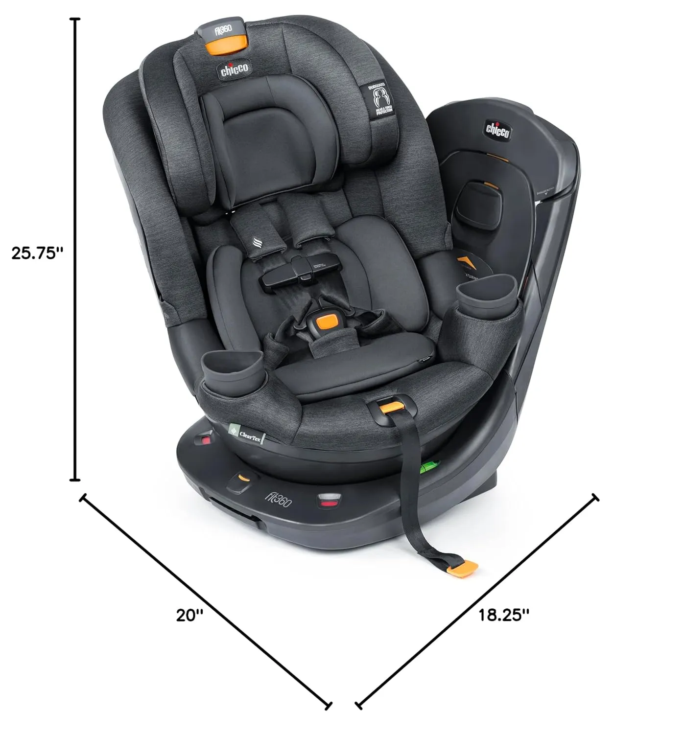 Chicco Fit360 ClearTex Rotating Convertible Car Seat with 360 Degree Rotation for Rear-Facing and Forward-Facing Usage, LeverLock Self-Tensioning Lock System | Slate/Grey