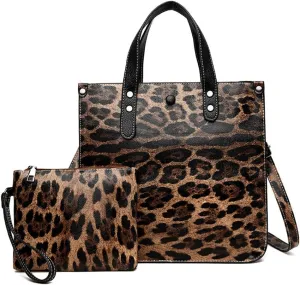 Chikencall Women 2Pcs Handbag and Purses Leopard Zebra Cows Deer Print Pattern Tote Leather Shoulder Satchel