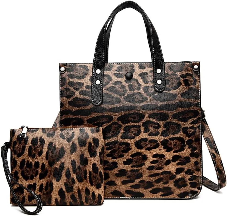 Chikencall Women 2Pcs Handbag and Purses Leopard Zebra Cows Deer Print Pattern Tote Leather Shoulder Satchel