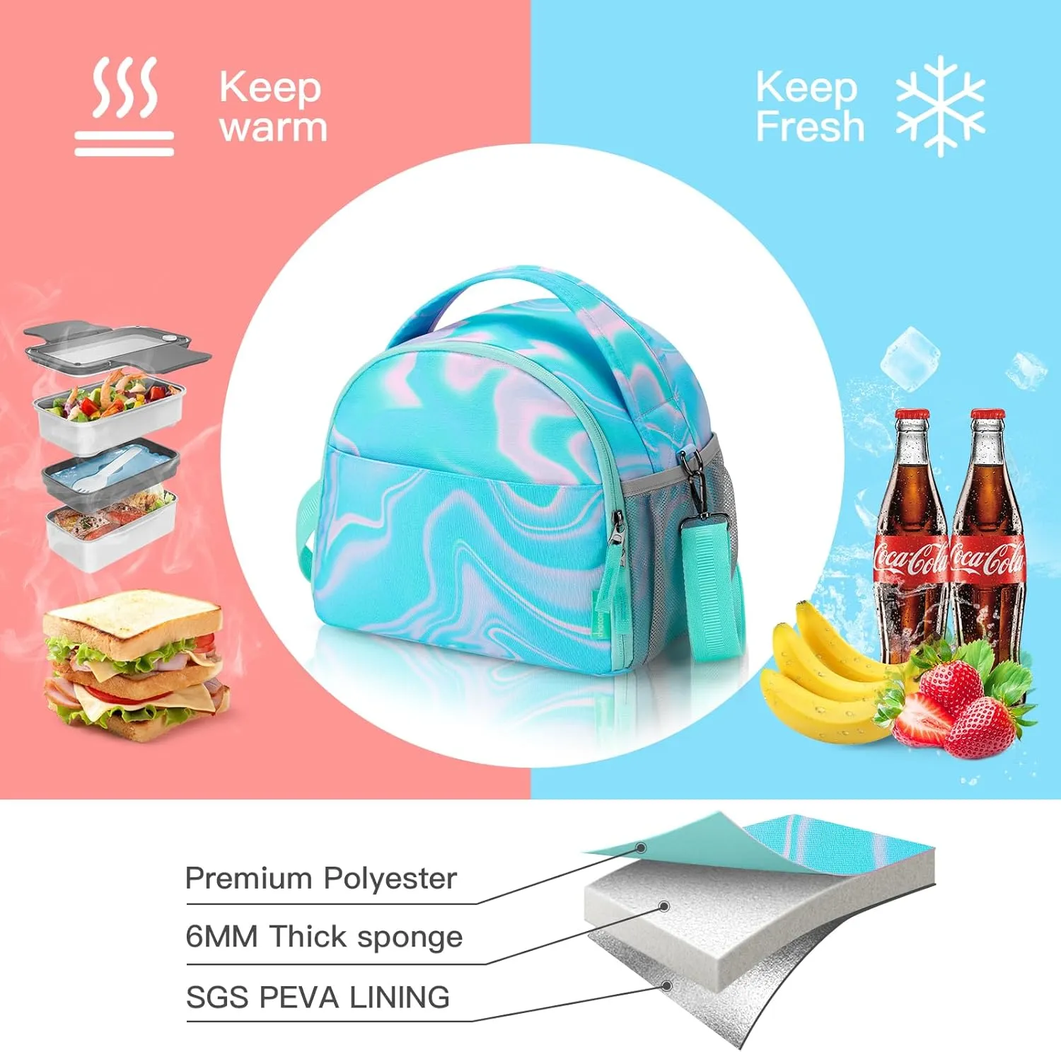Choco Mocha Teal Lunch Bag for Girls, Insulated Lunch Bag for Middle School Girls, Green Preppy Lunch Box for Teen Girls