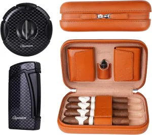 Cigar Travel Case Humidor Bag, Italian Oil Wax Leather Spanish Cedar, Carbon Fiber Style Cigar Lighter Cutter Set (Brown)