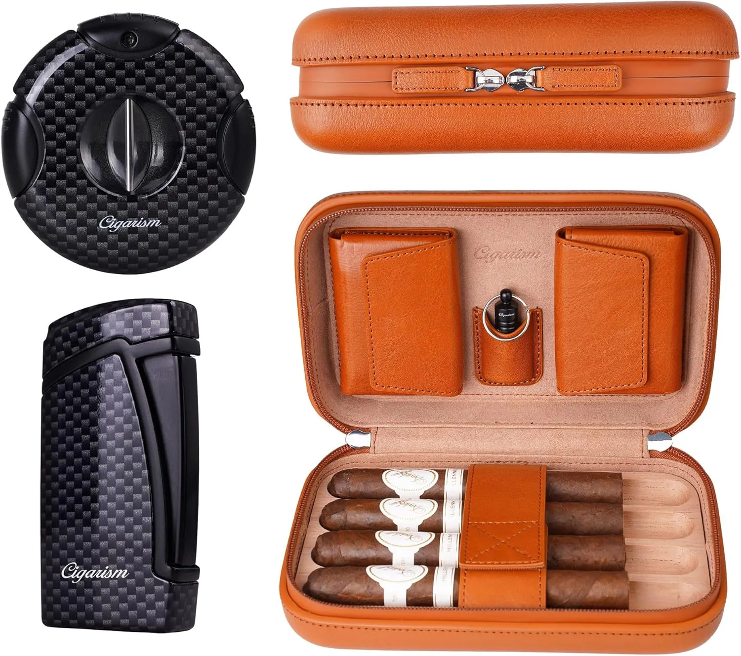 Cigar Travel Case Humidor Bag, Italian Oil Wax Leather Spanish Cedar, Carbon Fiber Style Cigar Lighter Cutter Set (Brown)