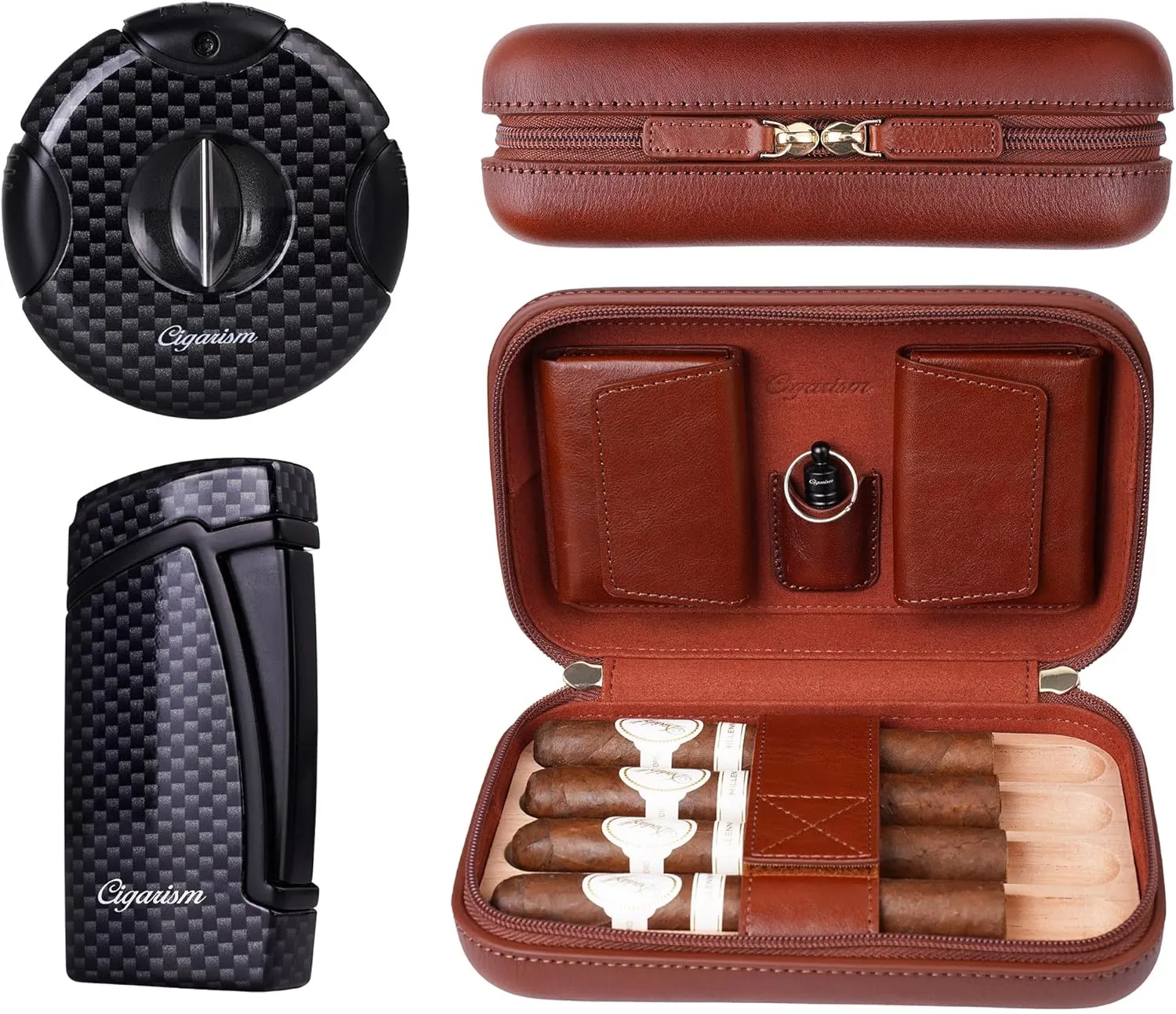 Cigar Travel Case Humidor Bag, Italian Oil Wax Leather Spanish Cedar, Carbon Fiber Style Cigar Lighter Cutter Set (Coffee)