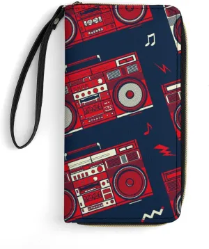 Classic Vintage Retro Style Boombox Radio Women's Wallet Long Clutch Purse with Wristlet Strap Zipper Phone Handbag