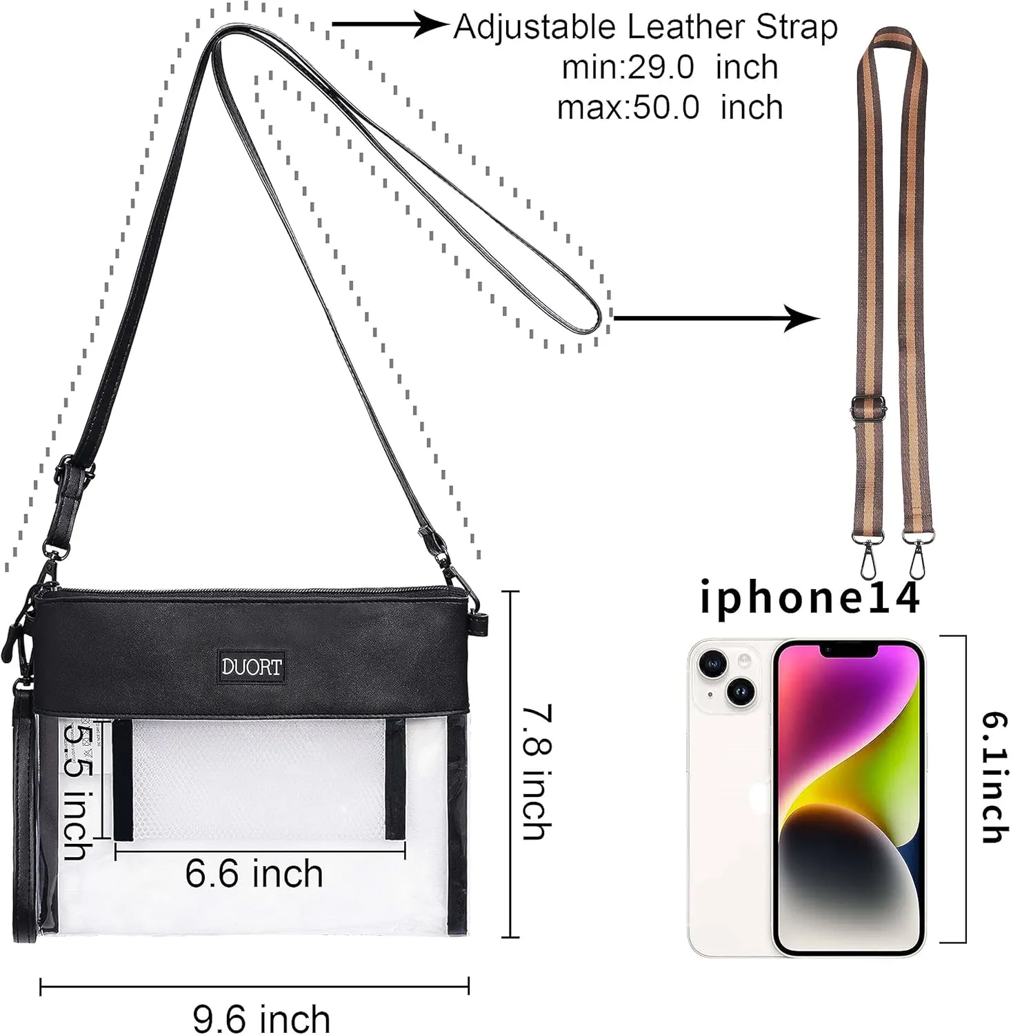 Clear Bag Stadium Approved, TPU Clear Purses Inside Pocket，Crossbody Bag Adjustable Strap for Concert，Sporting Events