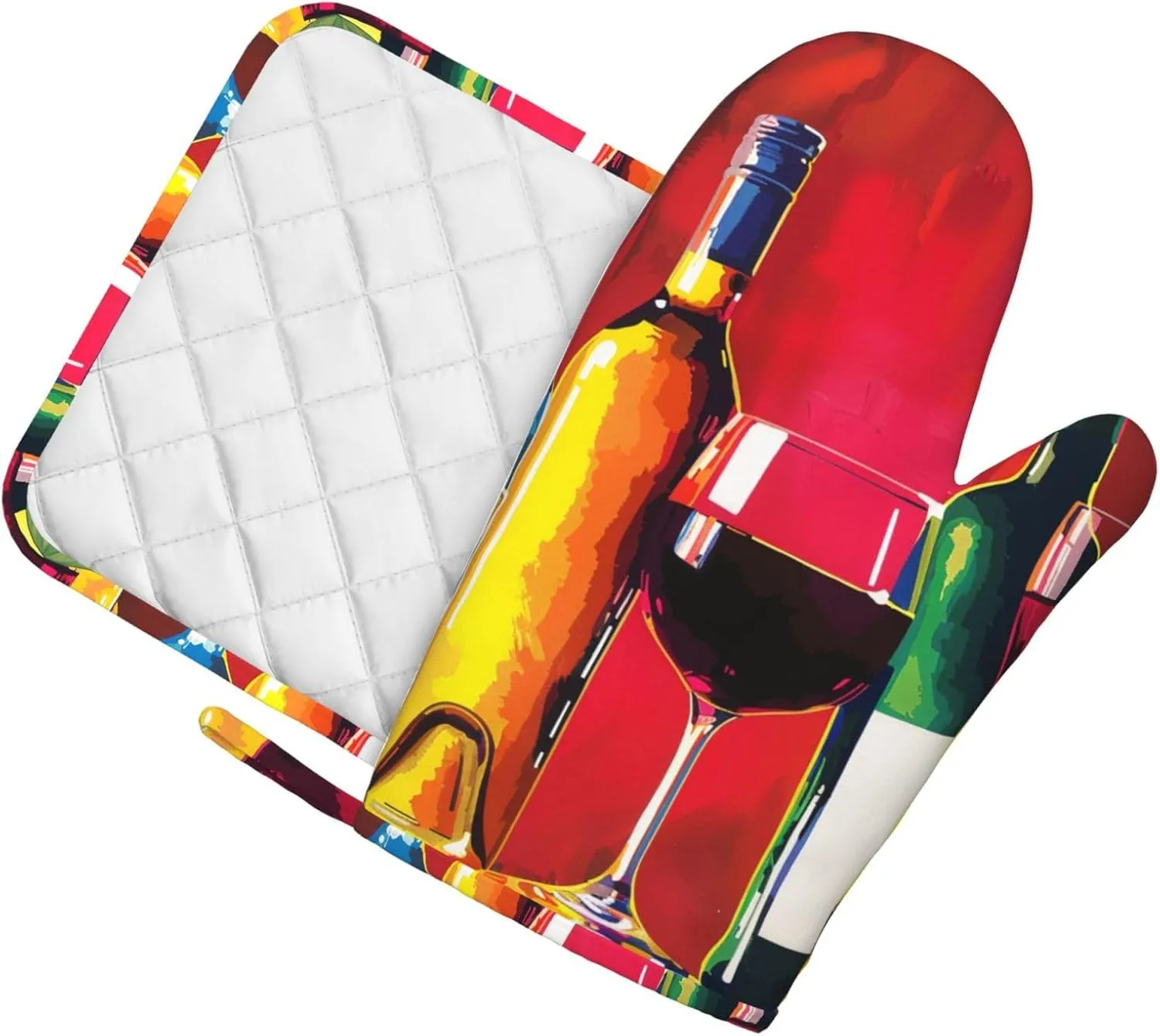 Cocktail Glasses and Wine Bottles Prints Silicone Oven Mitts and Pot Holders Sets of 2 Heat Resistant Kitchen Gloves(Left) and Potholder for Picnic BBQ Cooking Baking