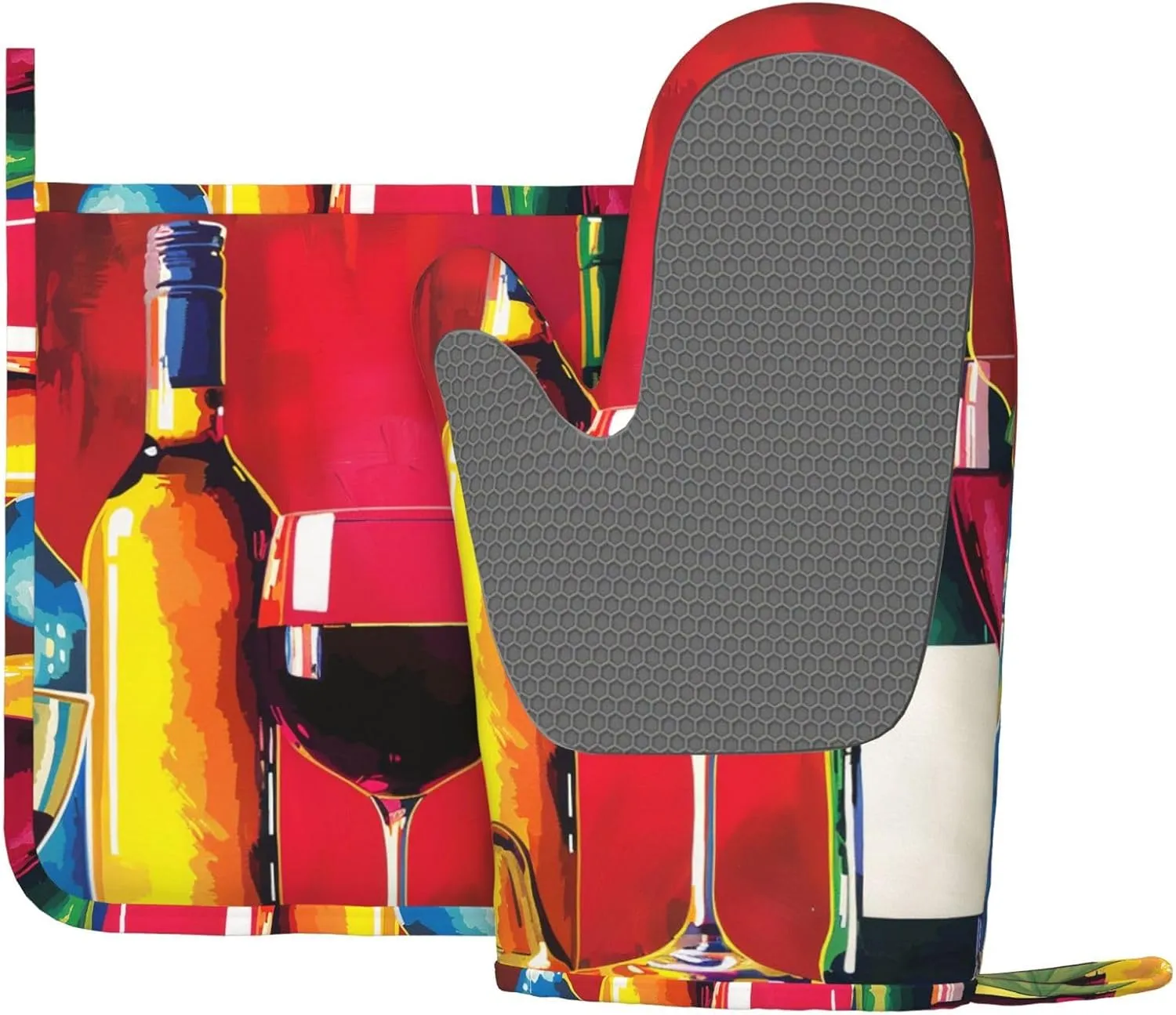 Cocktail Glasses and Wine Bottles Prints Silicone Oven Mitts and Pot Holders Sets of 2 Heat Resistant Kitchen Gloves(Left) and Potholder for Picnic BBQ Cooking Baking