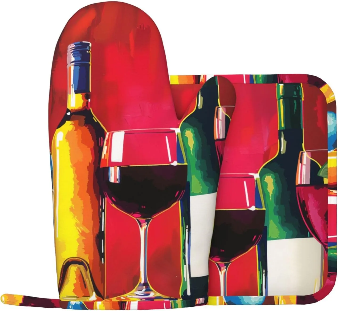 Cocktail Glasses and Wine Bottles Prints Silicone Oven Mitts and Pot Holders Sets of 2 Heat Resistant Kitchen Gloves(Left) and Potholder for Picnic BBQ Cooking Baking