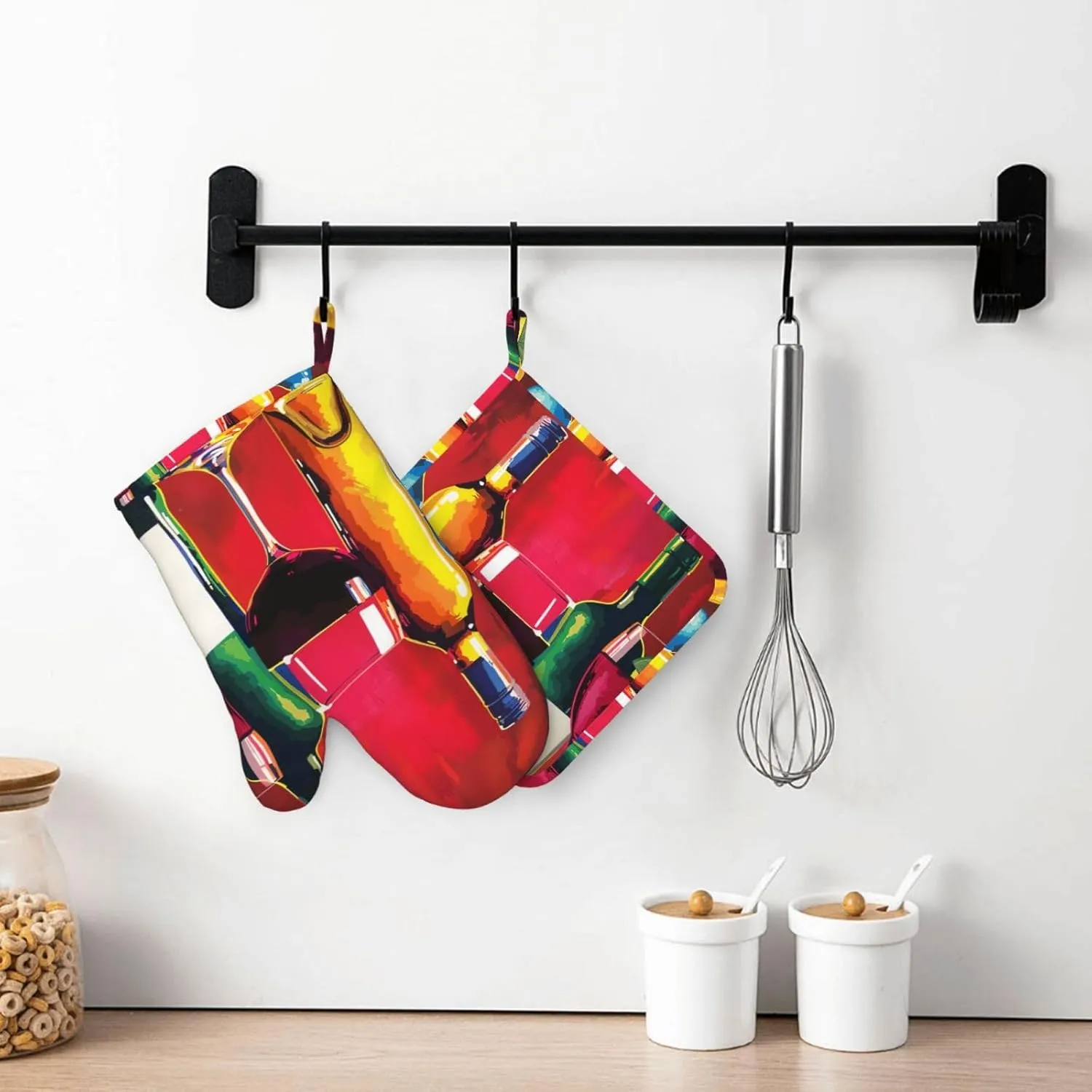 Cocktail Glasses and Wine Bottles Prints Silicone Oven Mitts and Pot Holders Sets of 2 Heat Resistant Kitchen Gloves(Left) and Potholder for Picnic BBQ Cooking Baking