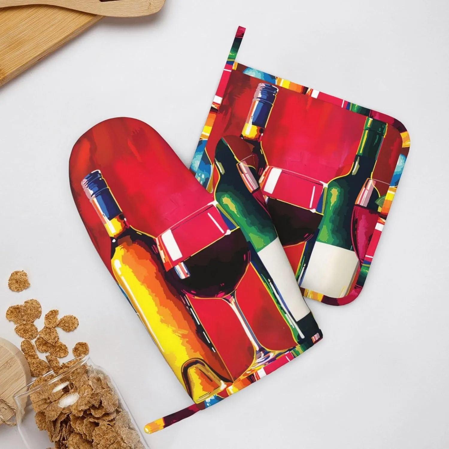 Cocktail Glasses and Wine Bottles Prints Silicone Oven Mitts and Pot Holders Sets of 2 Heat Resistant Kitchen Gloves(Left) and Potholder for Picnic BBQ Cooking Baking