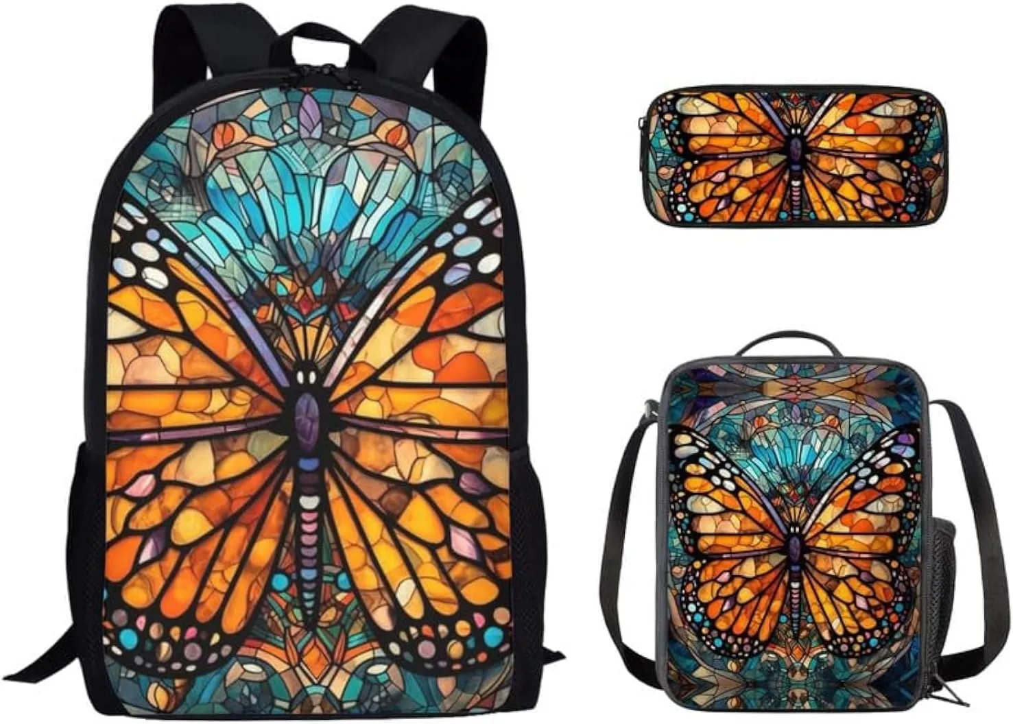 Colored Glass Butterfly Backpack Kids School Bookbag Set Yellow Emperor Butterfly Students Knapsack with Lunch Box Stained Glass Casual Back Pack for Teen Girls