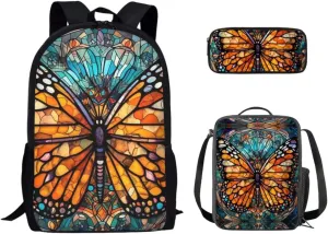 Colored Glass Butterfly Backpack Kids School Bookbag Set Yellow Emperor Butterfly Students Knapsack with Lunch Box Stained Glass Casual Back Pack for Teen Girls