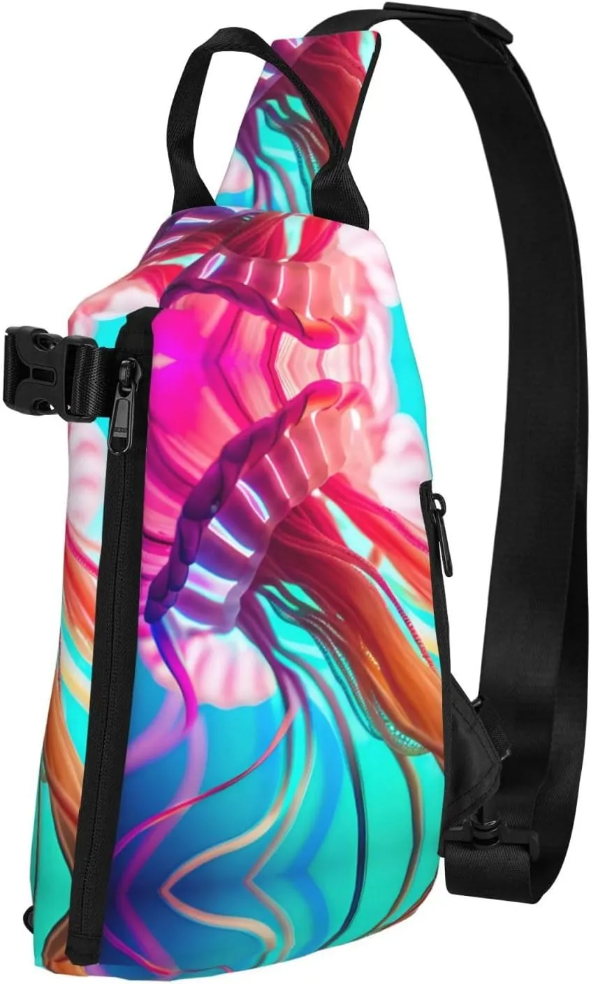 Colored Jellyfish Print Crossbody Backpack Casual Adjustable Bag Multifunctional Sling Backpack