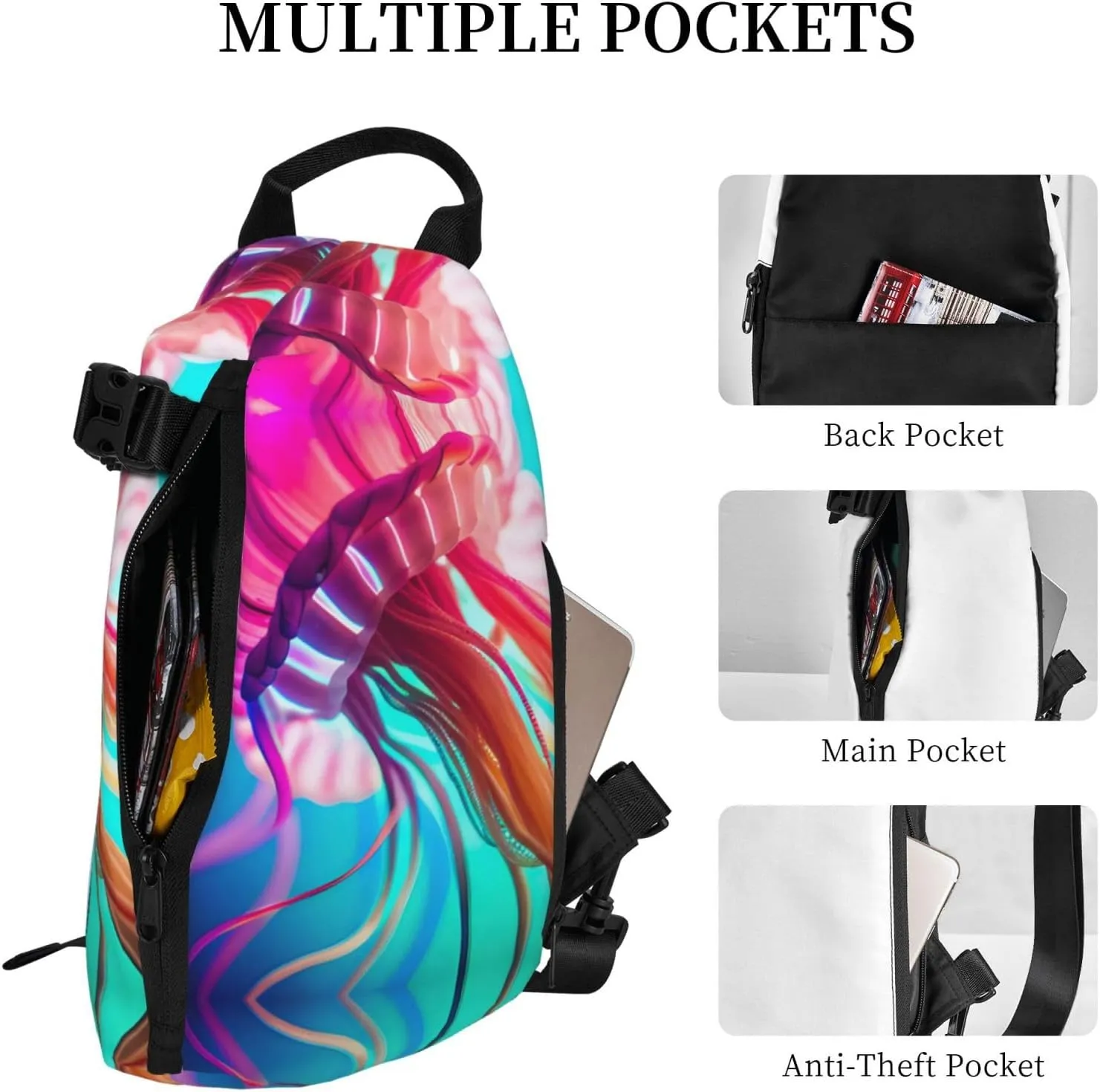 Colored Jellyfish Print Crossbody Backpack Casual Adjustable Bag Multifunctional Sling Backpack