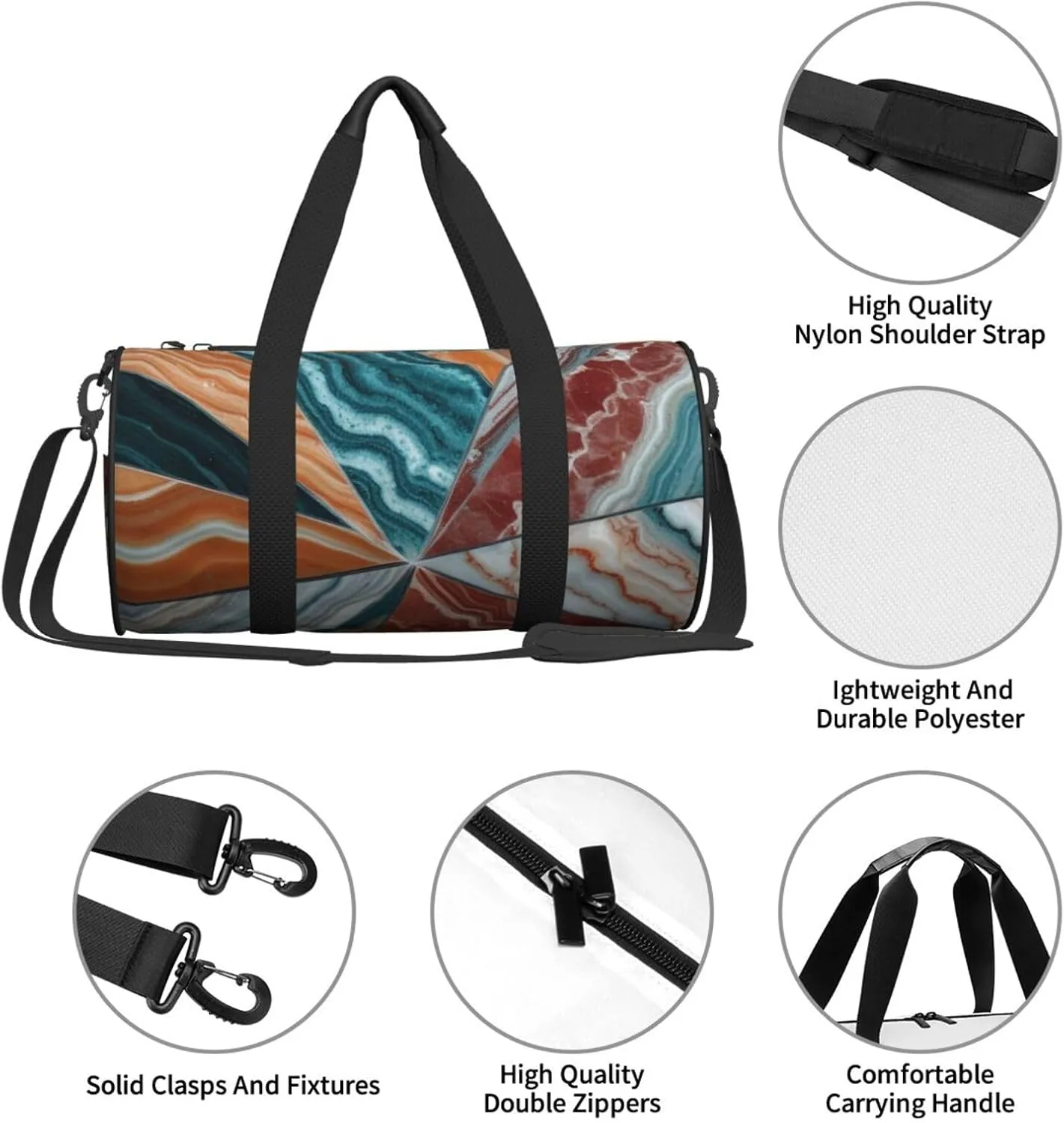 Colored marble Printed Travel Bag,Round Personal Item Storage bag,Foldie Duffel Bag for Traveling Vacation,Fitness,Sports