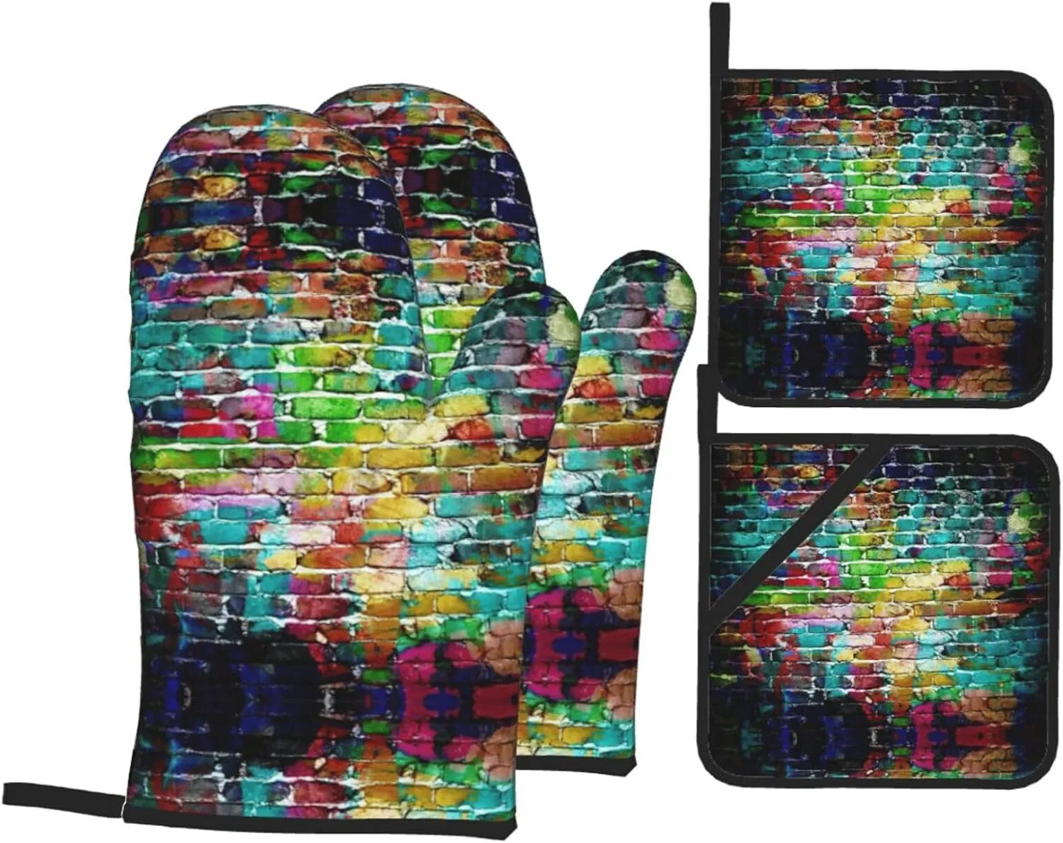 Colorful Brick Wall Print Convenient Oven Mitts Pot Holders Set Duty Heat Resistant Gloves with Quilted Liner