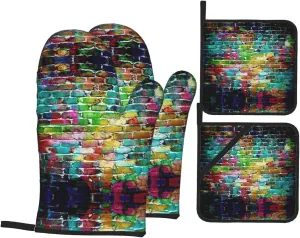 Colorful Brick Wall Print Convenient Oven Mitts Pot Holders Set Duty Heat Resistant Gloves with Quilted Liner