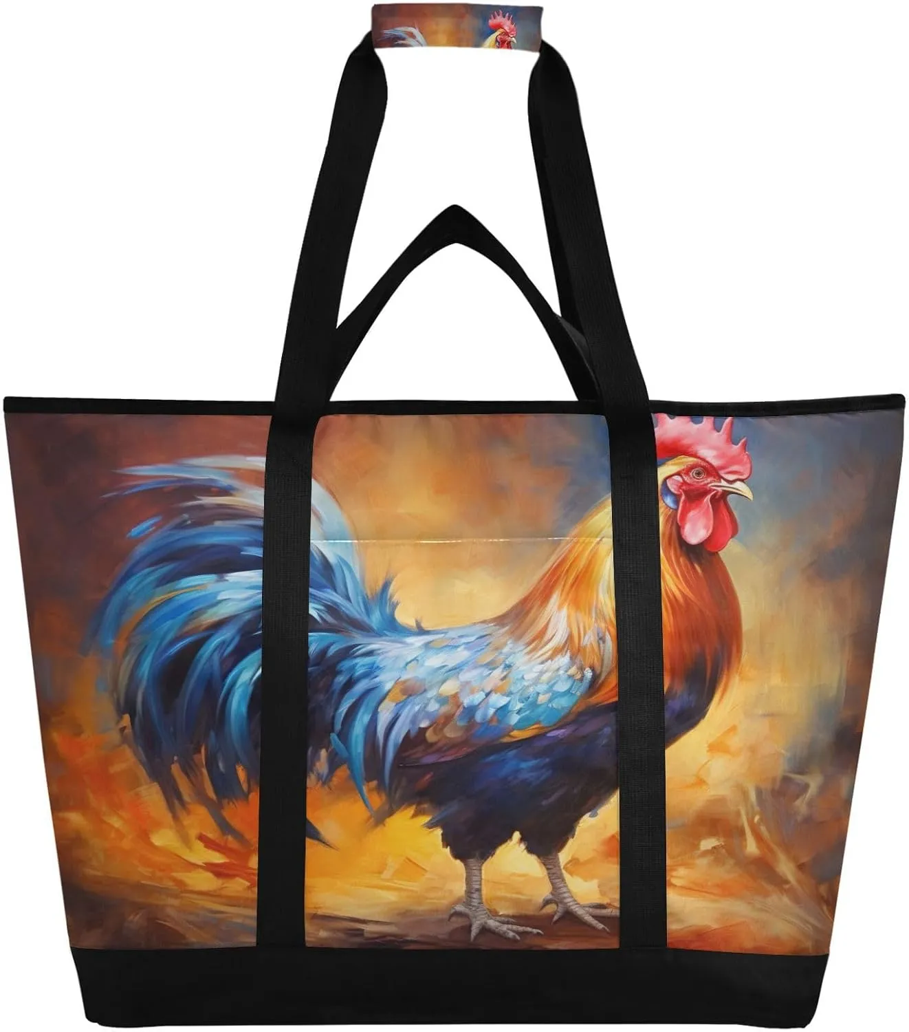 Colorful Rooster Reusable Insulated Lunchbox Cooler Bag, Leakproof Kitchen Grocery Bag Collapsible Portable Cooler Tote Bag for Picnic, Camping, Office, Travel