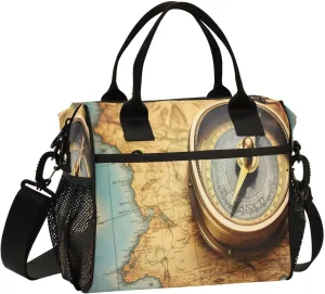 Compass Map Insulated Lunch Bag Reusable Lunch Box for Men Women Leakproof Cooler Tote Bag with Adjustable Shoulder Strap Food Handbag for Picnic Office Camping Travel Work