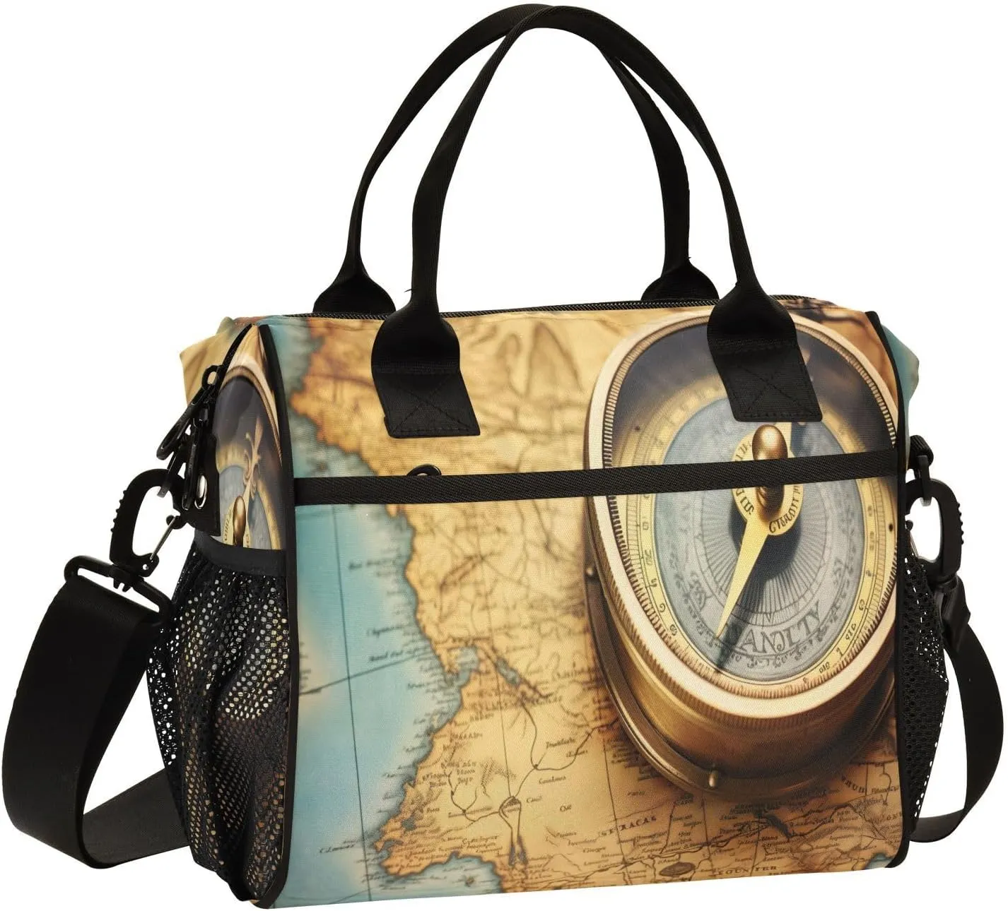 Compass Map Insulated Lunch Bag Reusable Lunch Box for Men Women Leakproof Cooler Tote Bag with Adjustable Shoulder Strap Food Handbag for Picnic Office Camping Travel Work