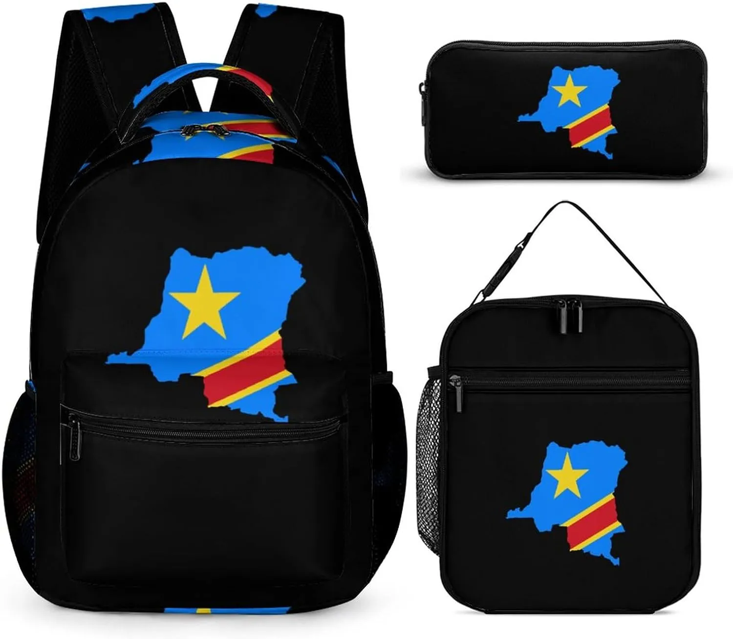 Congo Flag Map Unisex 3 Pcs Backpack Set Stylish 16" Travel Backpack with Lunch Bag & Pencil Case