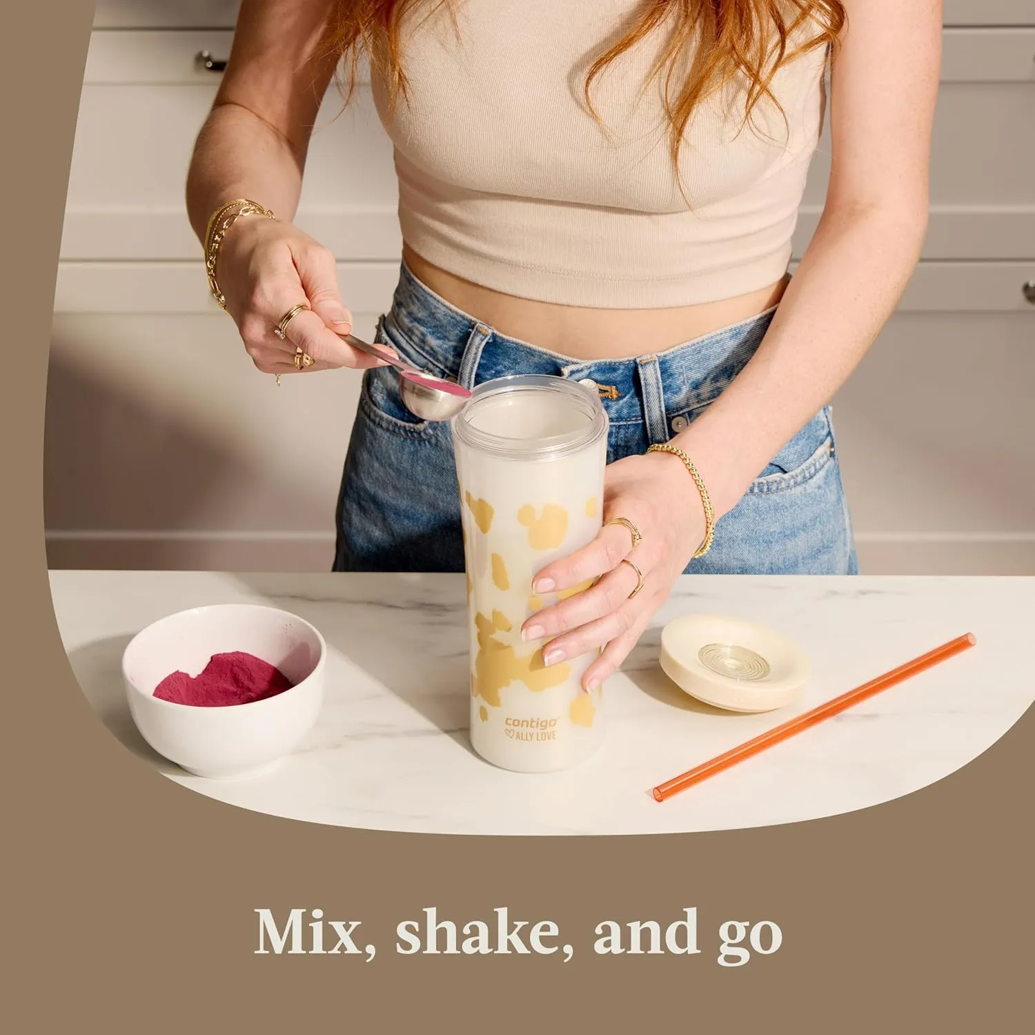 Contigo x Ally Love Shake & Go Tumbler, Autoclose, Blender bottle, protein shaker bottle, 20oz, Oatmilk