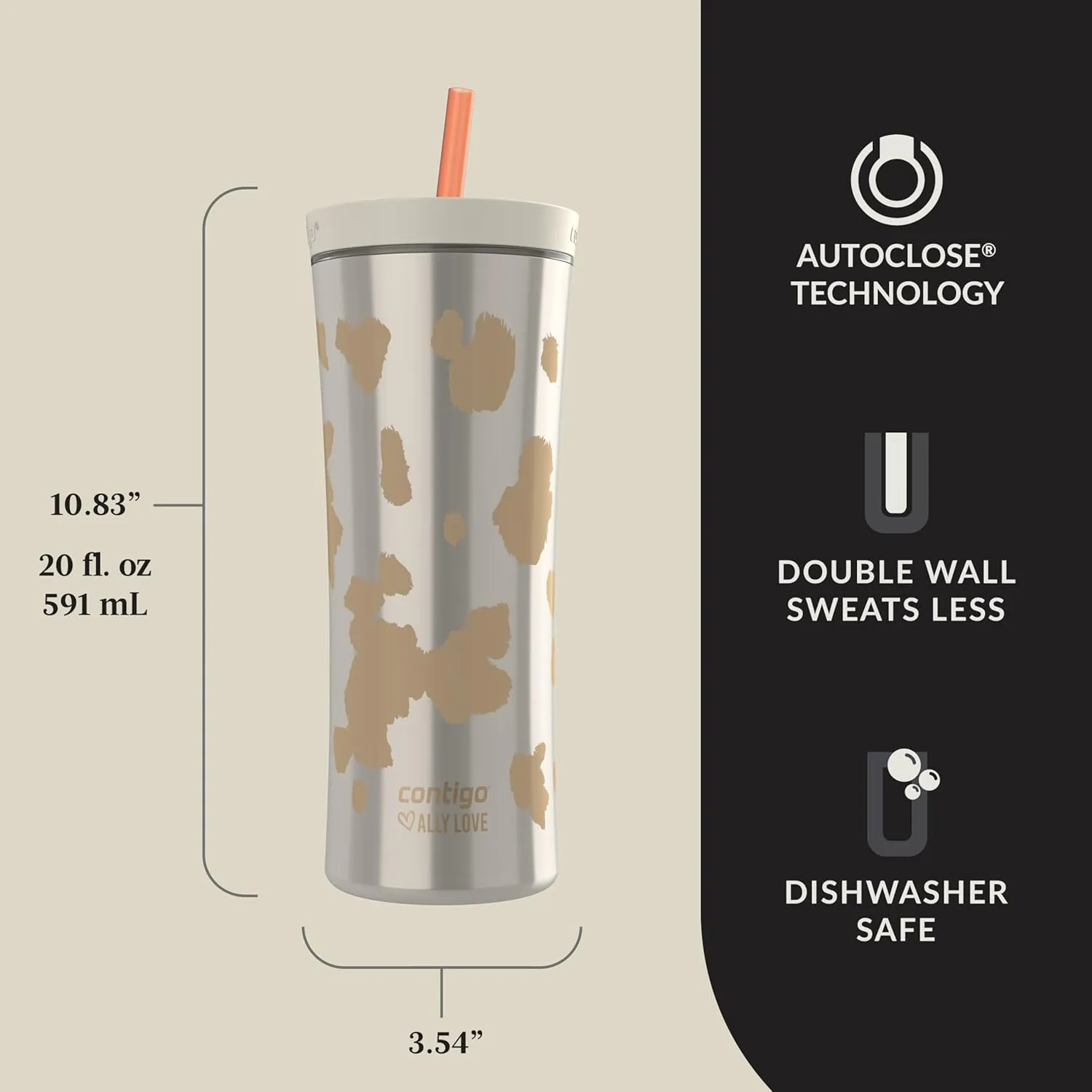 Contigo x Ally Love Shake & Go Tumbler, Autoclose, Blender bottle, protein shaker bottle, 20oz, Oatmilk