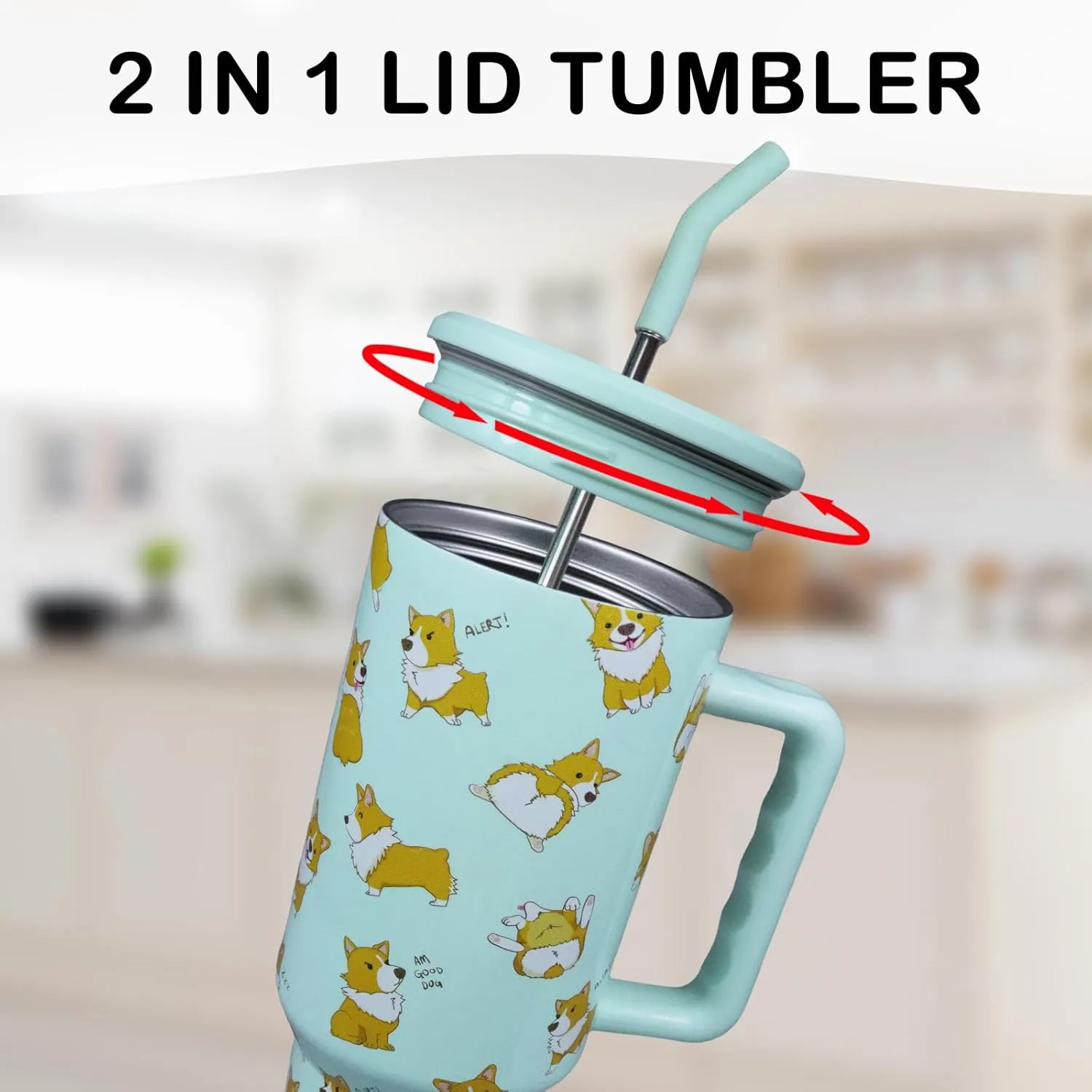 Corgi Tumbler, Gifts for Corgi Lovers 40 oz Insulated Tumbler with Handle and Straw Cup Holder Friendly Travel Mug Stainless Steel Water Bottle