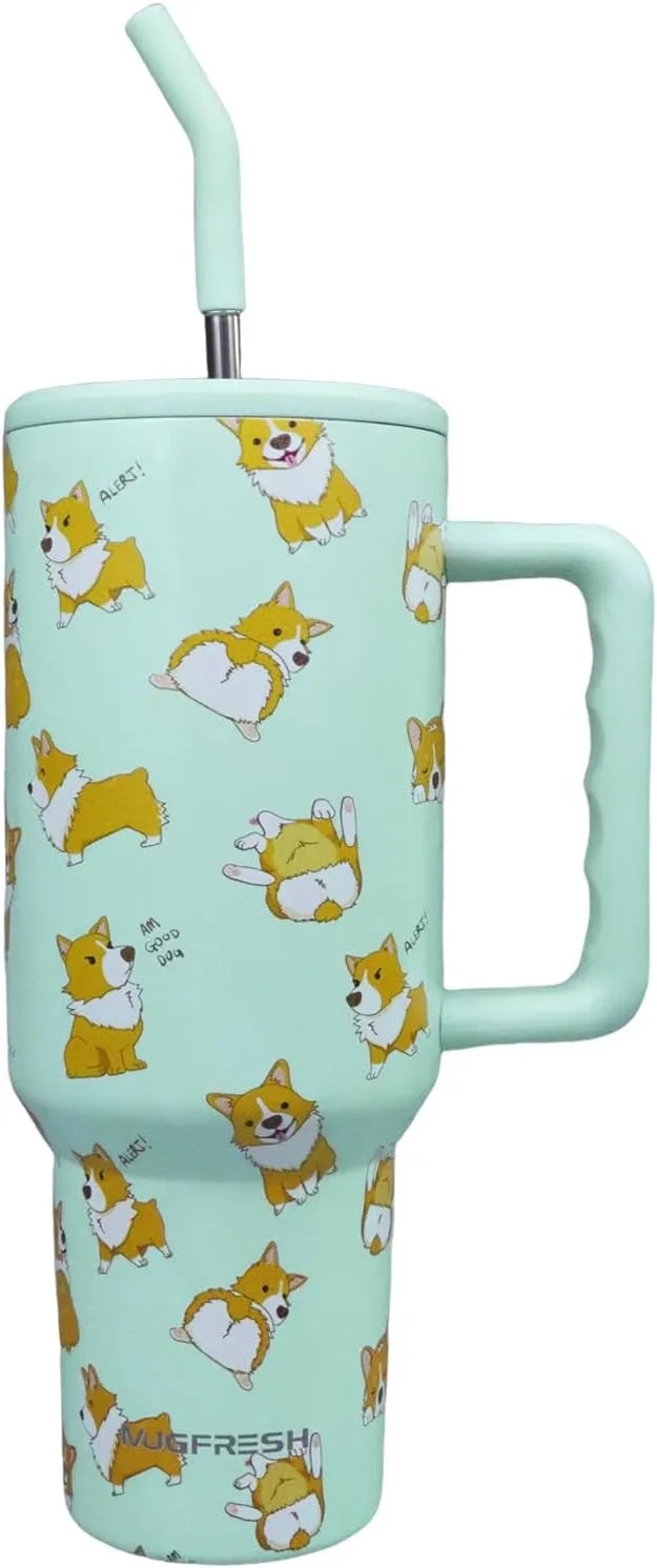 Corgi Tumbler, Gifts for Corgi Lovers 40 oz Insulated Tumbler with Handle and Straw Cup Holder Friendly Travel Mug Stainless Steel Water Bottle