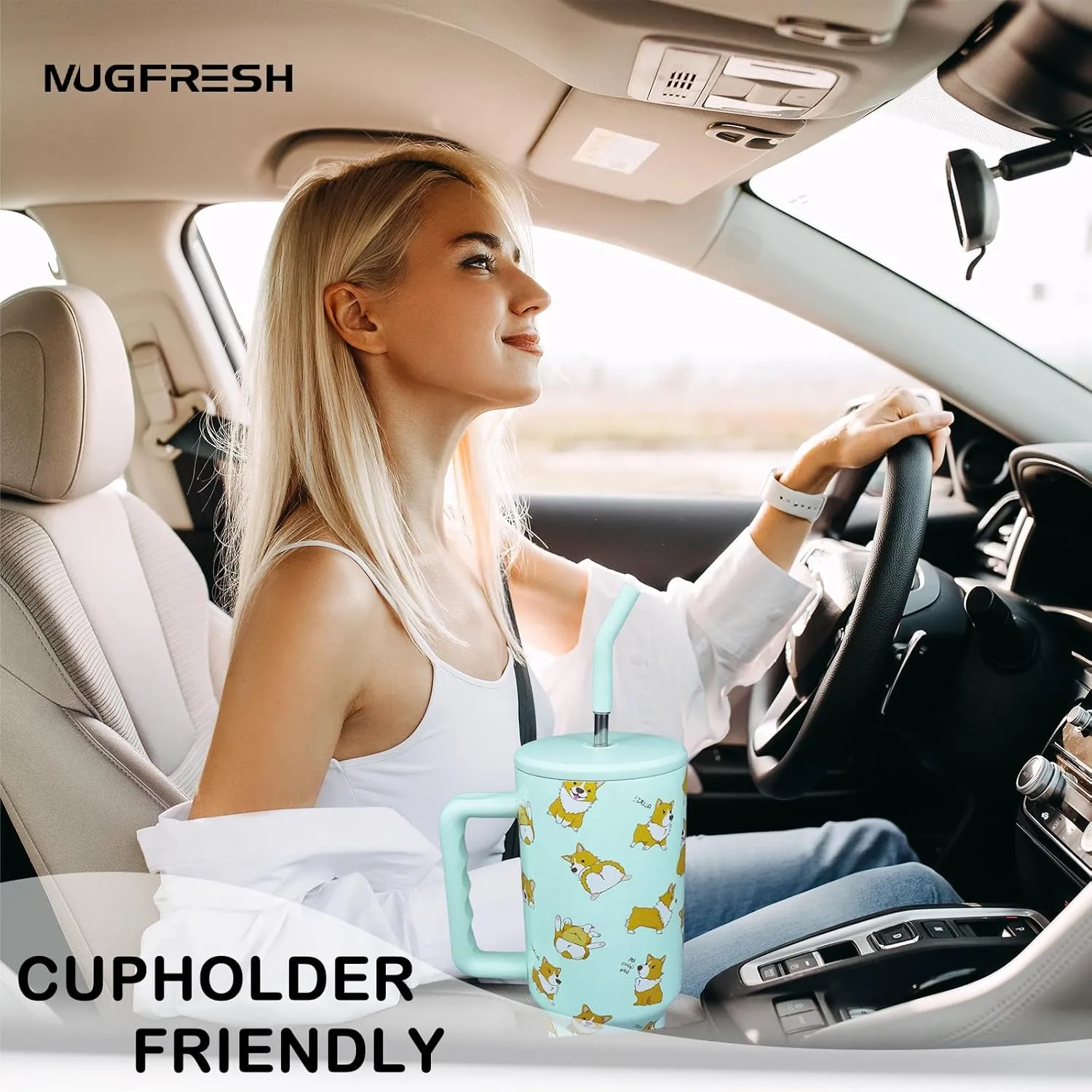 Corgi Tumbler, Gifts for Corgi Lovers 40 oz Insulated Tumbler with Handle and Straw Cup Holder Friendly Travel Mug Stainless Steel Water Bottle