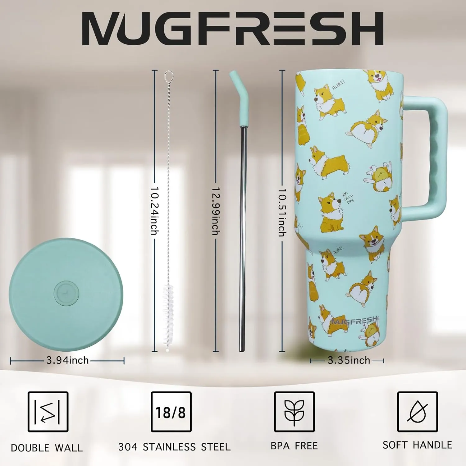 Corgi Tumbler, Gifts for Corgi Lovers 40 oz Insulated Tumbler with Handle and Straw Cup Holder Friendly Travel Mug Stainless Steel Water Bottle