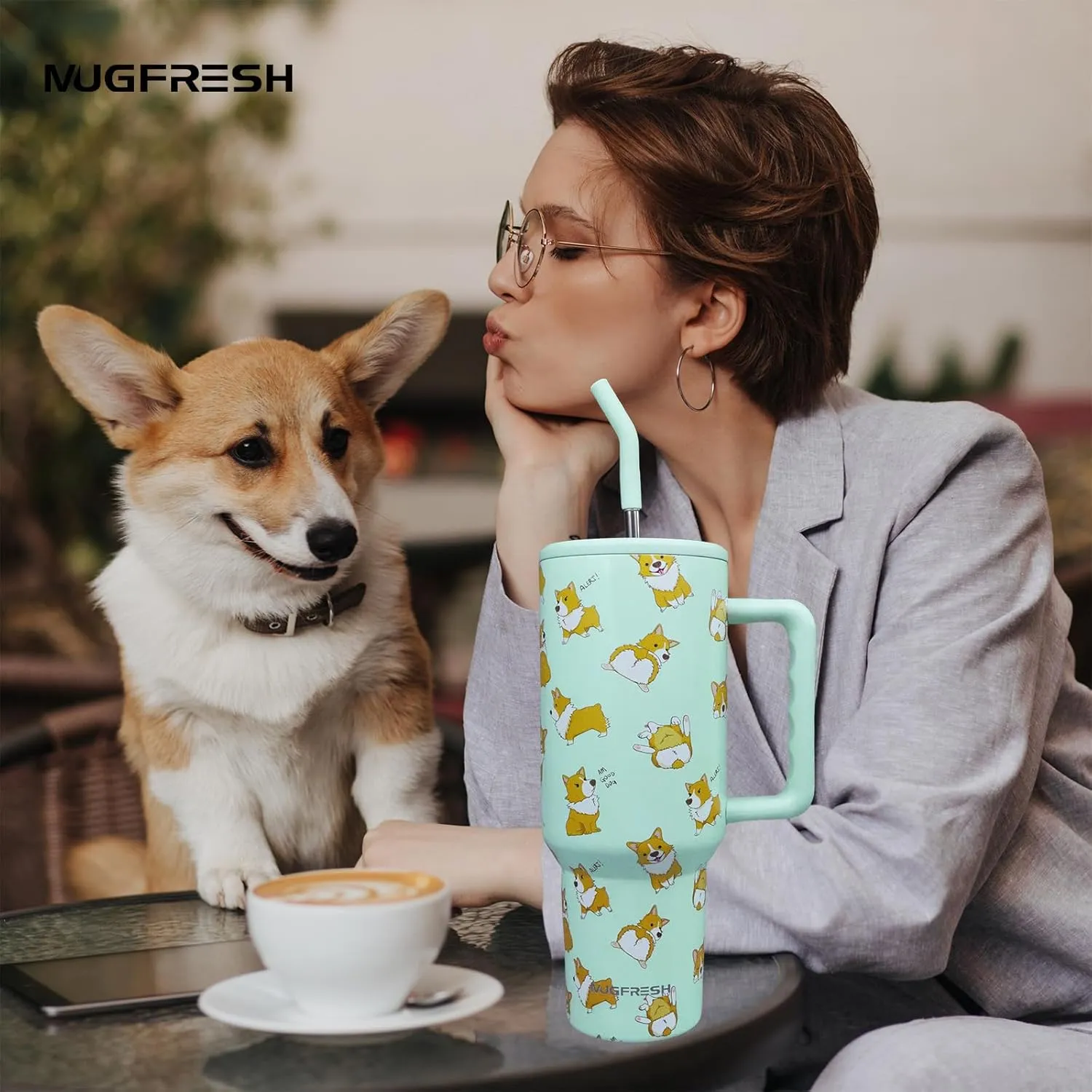 Corgi Tumbler, Gifts for Corgi Lovers 40 oz Insulated Tumbler with Handle and Straw Cup Holder Friendly Travel Mug Stainless Steel Water Bottle