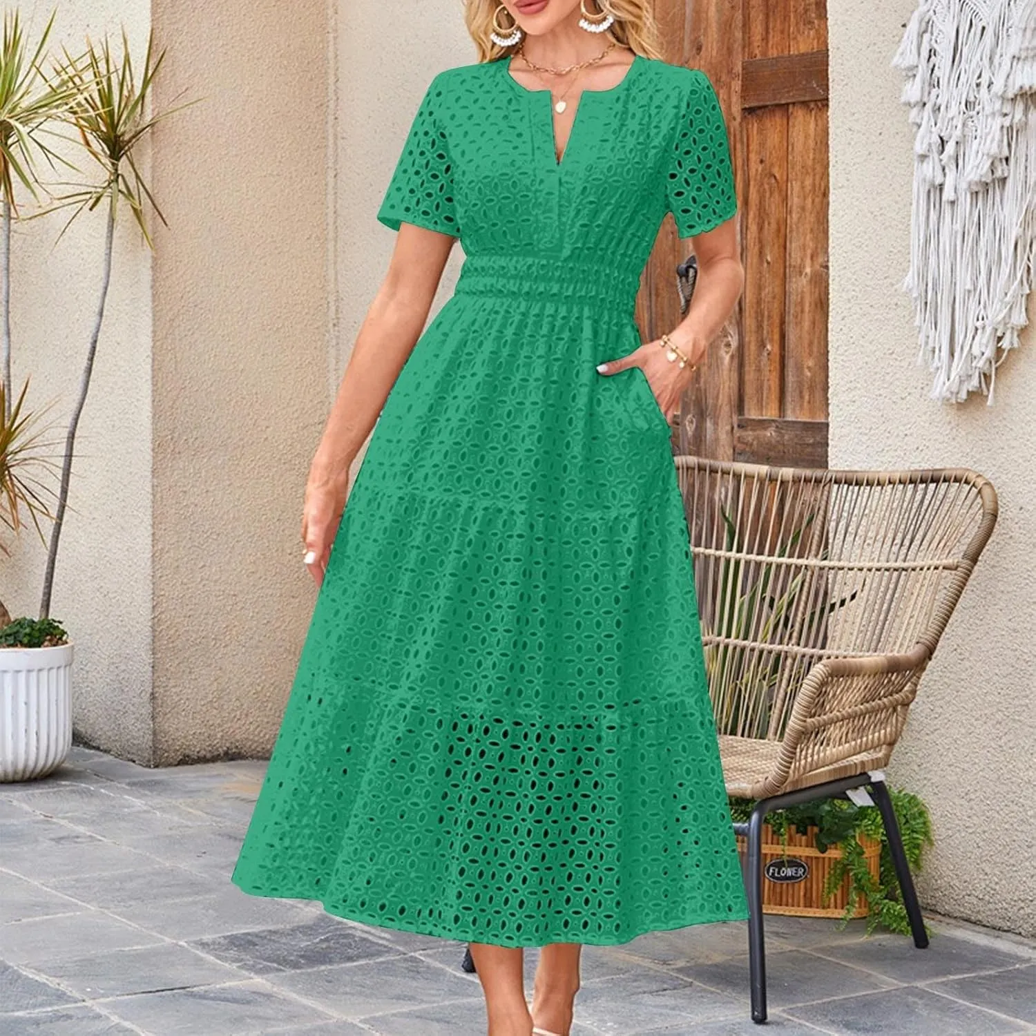 Cotton Eyelet Lace Tie Dress for Women Casual Summer Dress with Pockets and Short Sleeves
