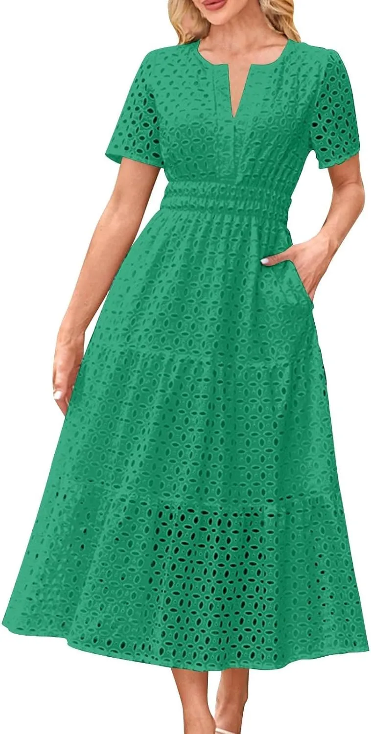 Cotton Eyelet Lace Tie Dress for Women Casual Summer Dress with Pockets and Short Sleeves