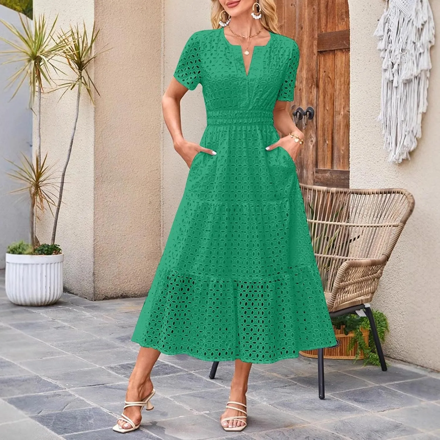 Cotton Eyelet Lace Tie Dress for Women Casual Summer Dress with Pockets and Short Sleeves