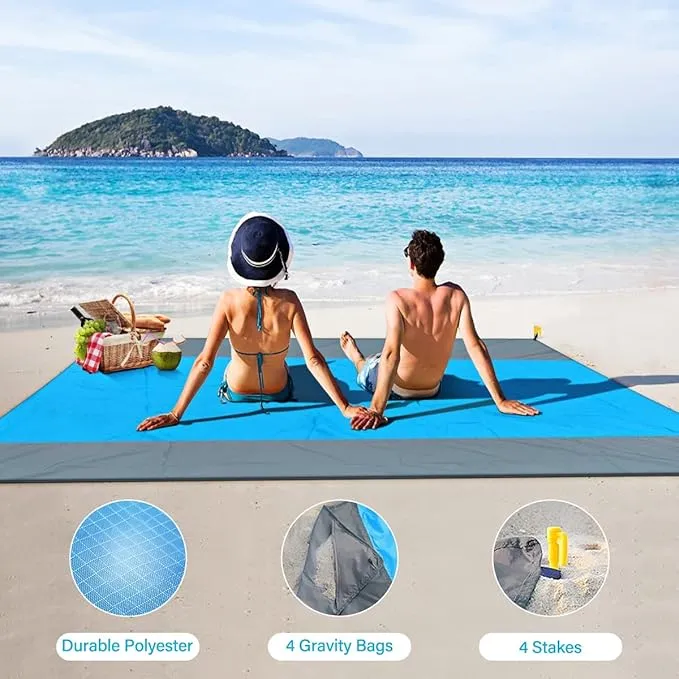 covacure Beach Blanket Waterproof Sandproof 79”X 83"- Large Beach Blanket Sandproof Fits for 4 Adults, Waterproof Beach Mat with 3 Zipper Pocket, Outdoor Beach Mat for Travel, Camping, Hiking