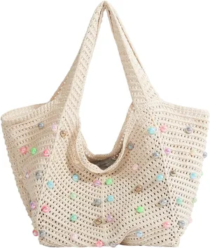 Crochet Beach Bag Cute Boho Knit Tote Bag with Colored Beads Aesthetic Woven Shoulder Handbags