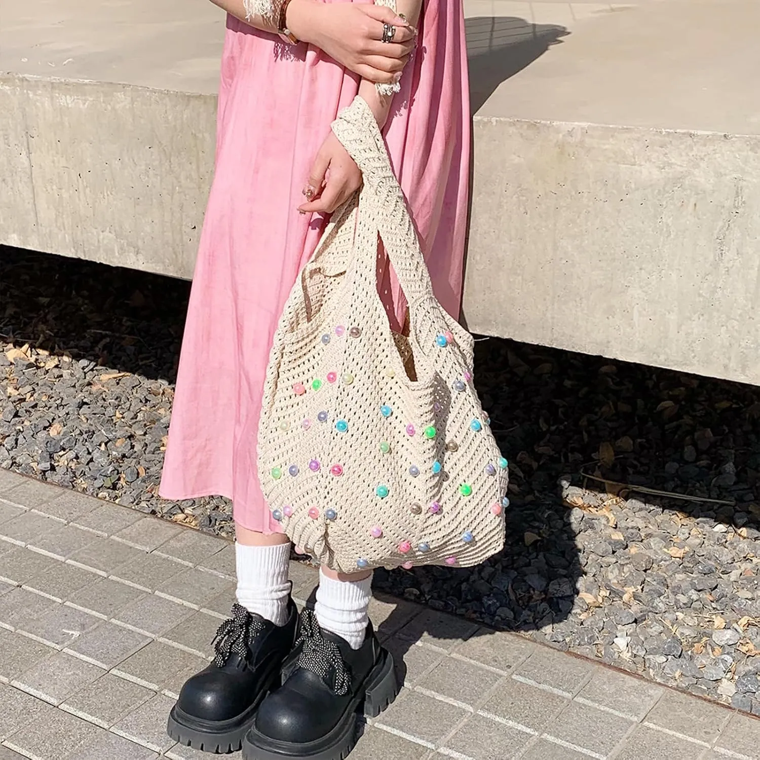 Crochet Beach Bag Cute Boho Knit Tote Bag with Colored Beads Aesthetic Woven Shoulder Handbags