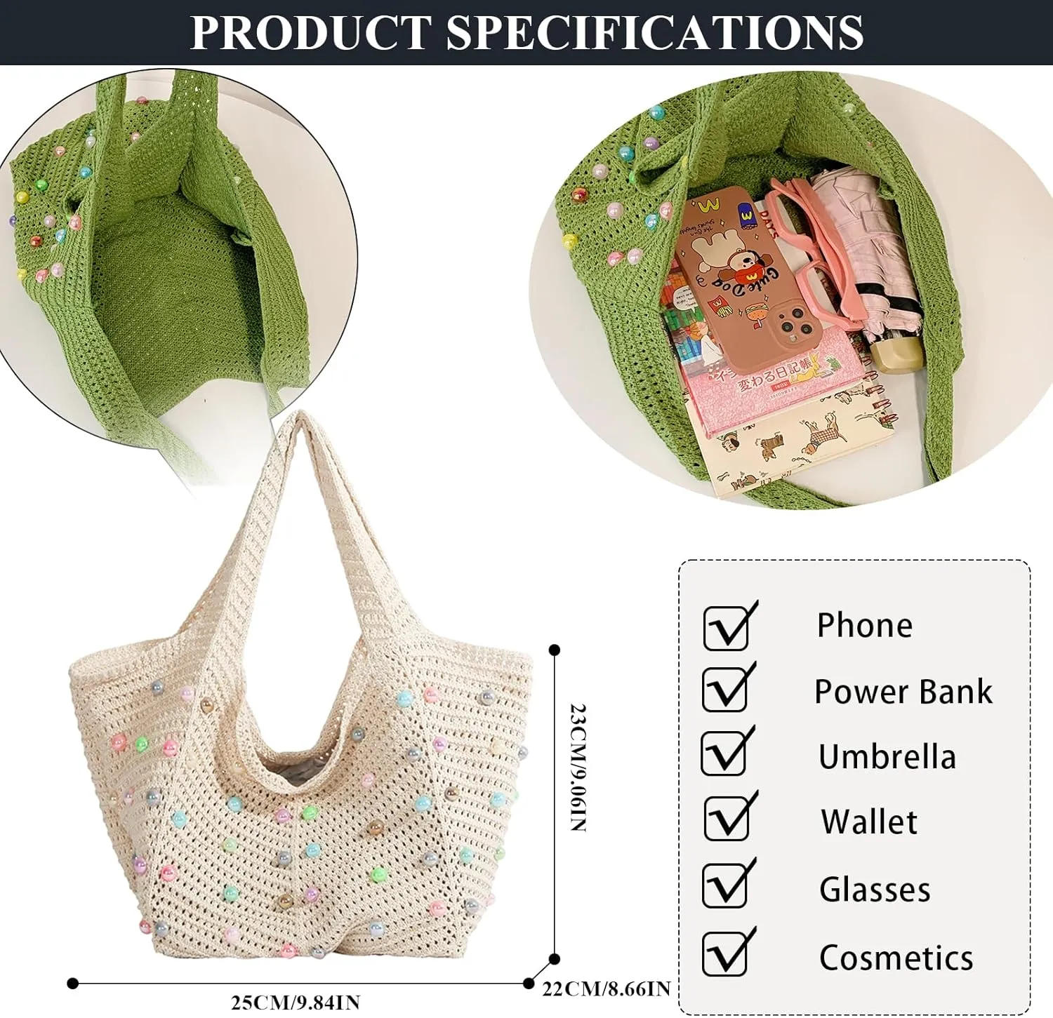 Crochet Beach Bag Cute Boho Knit Tote Bag with Colored Beads Aesthetic Woven Shoulder Handbags
