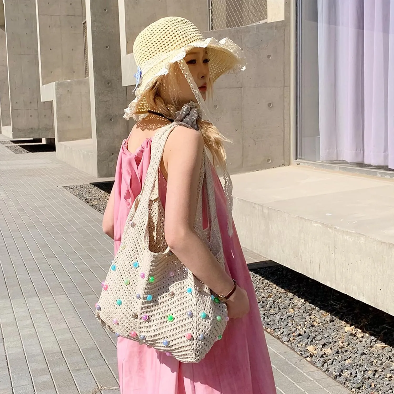 Crochet Beach Bag Cute Boho Knit Tote Bag with Colored Beads Aesthetic Woven Shoulder Handbags