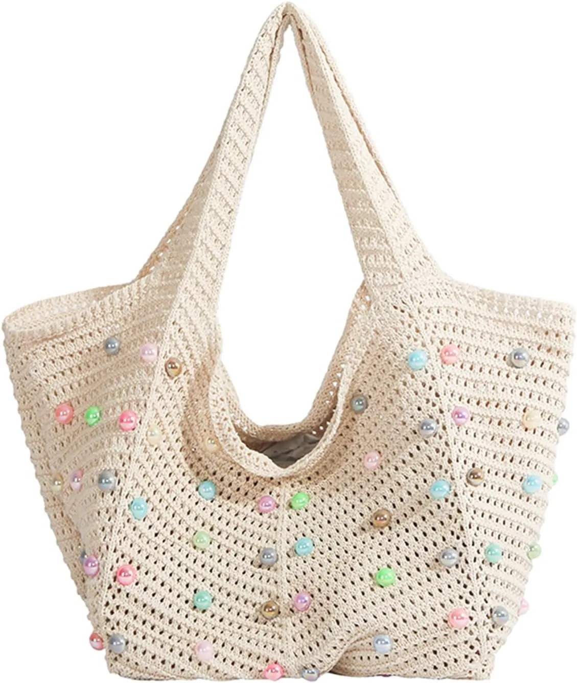 Crochet Beach Bag Cute Boho Knit Tote Bag with Colored Beads Aesthetic Woven Shoulder Handbags