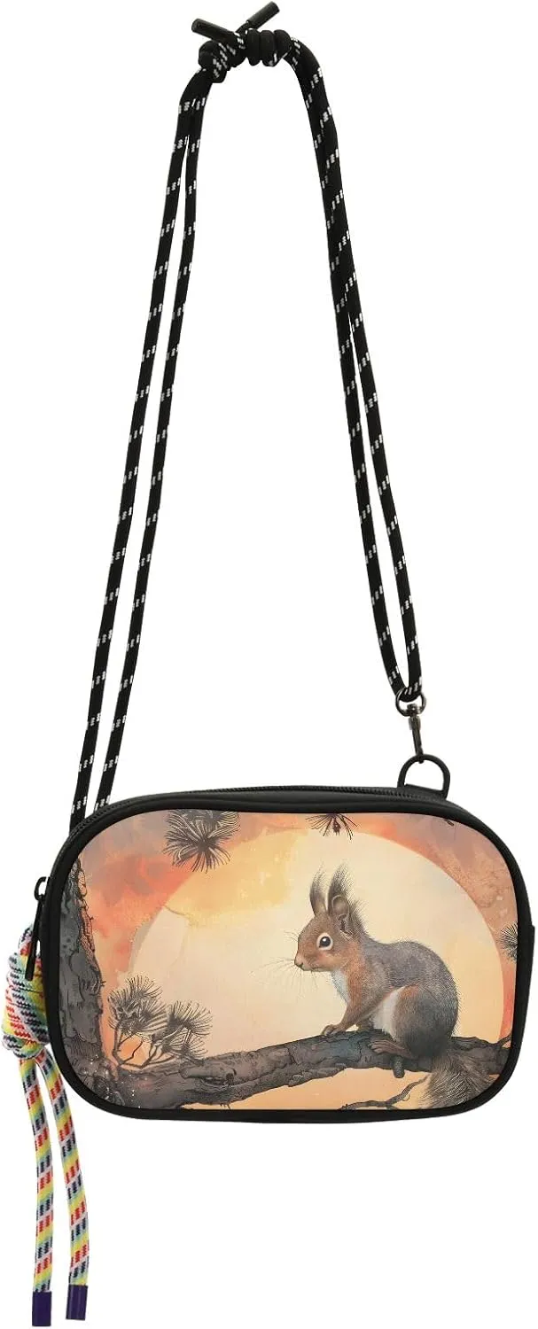 Crossbody Bag Little Squirrel Sitting on Branch Sunset Phone Purse Small Handbag