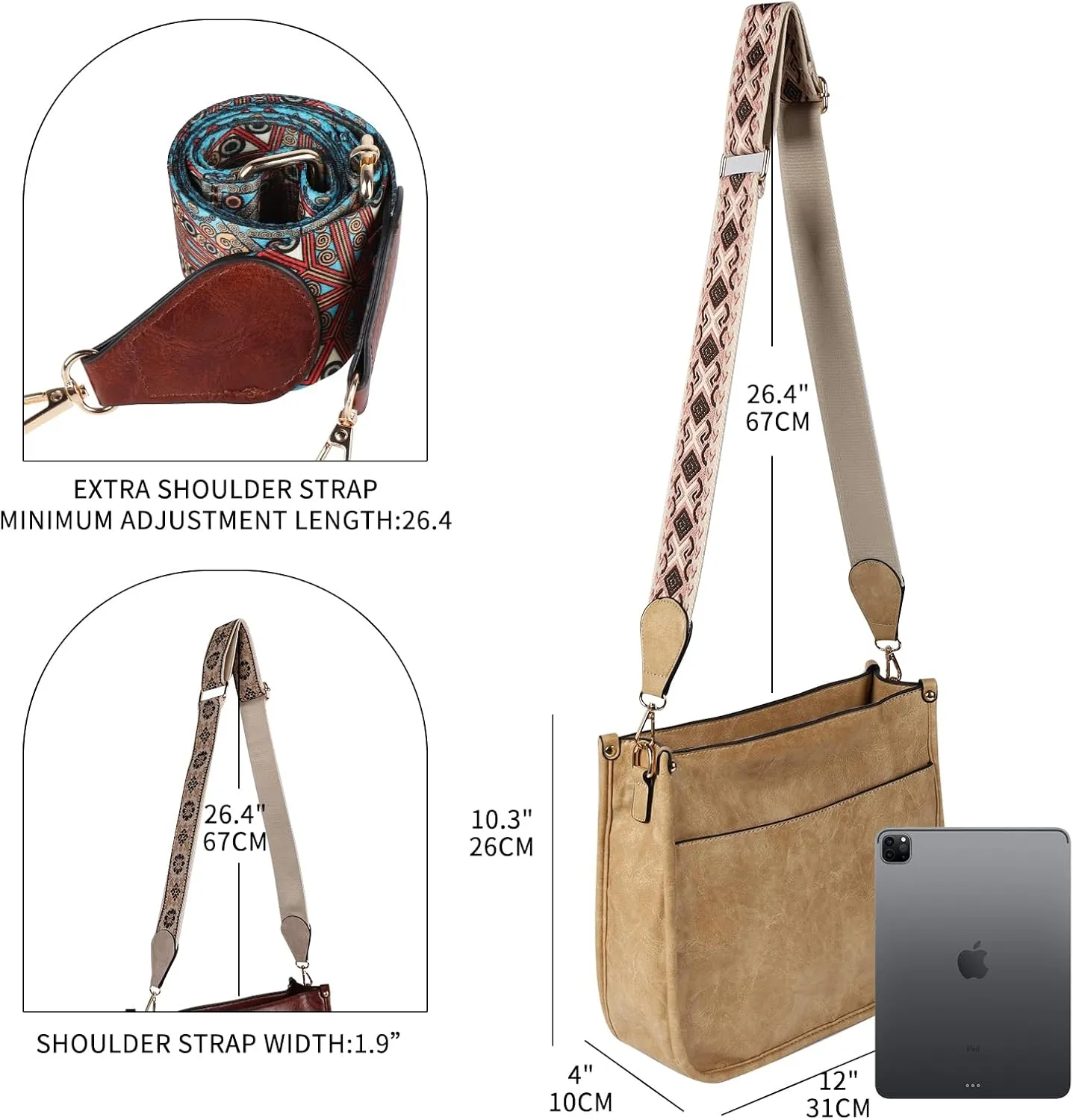 Crossbody Bags for Women Leather Hobo Handbags with 2pcs Adjustable Guitar Strap